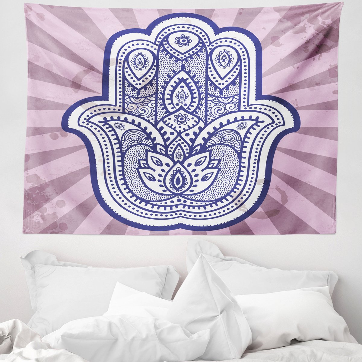 ABAKUHAUS HAMSA Wandtapijt, Handgetekend Turks Paisley Boheems motief op grunge strepen, 150 x 110 cm, Blauw Paars, grijs, violet, blauw