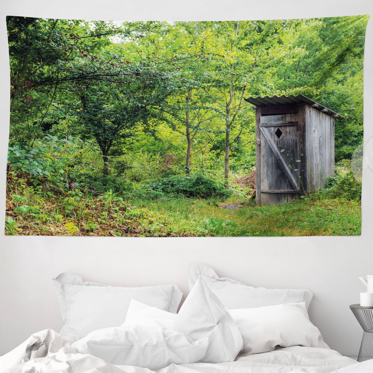 ABAKUHAUS Bijgebouw Wandtapijt, Oude Cottage in een Lente Bergbos, 230 x 140 cm, Varengroen en Bruin varen groen en bruin