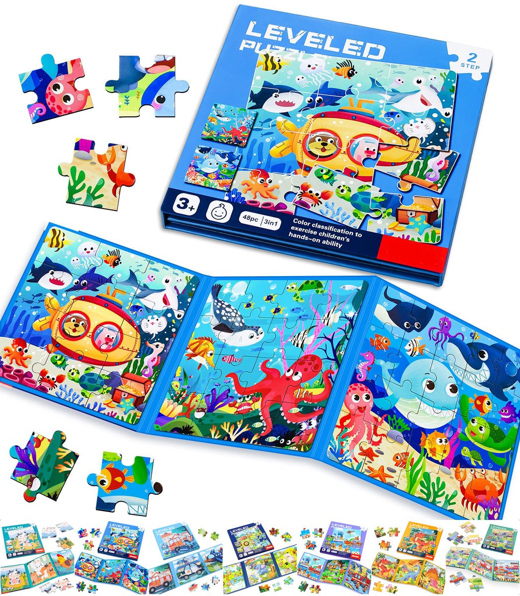 3-in-1 Magnetische Oceaanpuzzel – 12/16/20 Stuks – Educatief speelgoed voor peuters – Reis- en activiteitenspel voor auto en vliegtuig – Halloween, kerst, verjaardagscadeau voor kinderen - Niveau 2