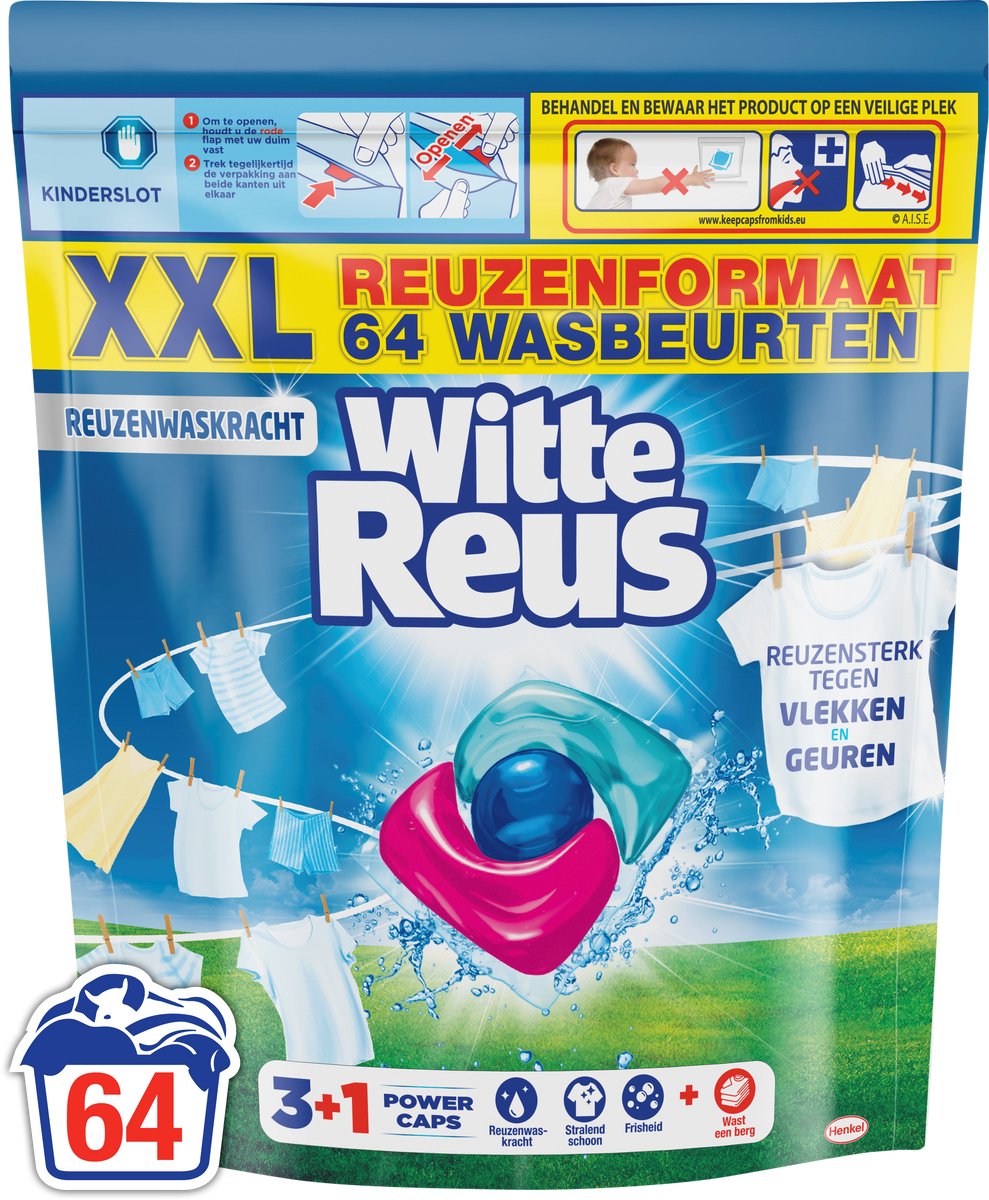 Witte Reus 3+1 Power Caps - Wascapsules Wasmiddel - Witte Was - 64 Wasbeurten - Grootverpakking