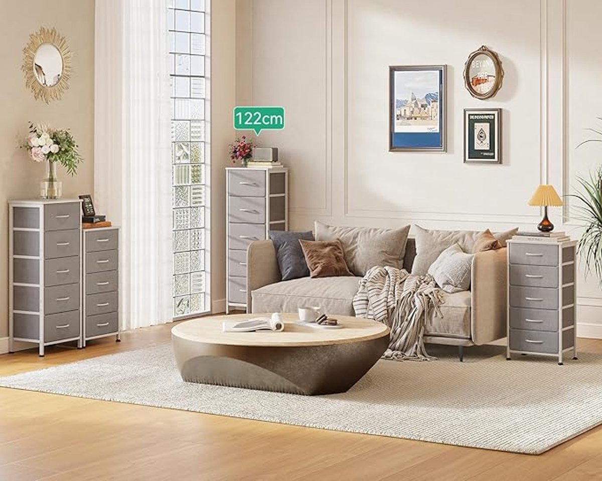 Commode met 5 Stoffen Lades – 40x30x120 cm, Slanke Ladekast voor Slaapkamer & Woonkamer met Verstelbare Poten & X-Balk | Lichtgrijs