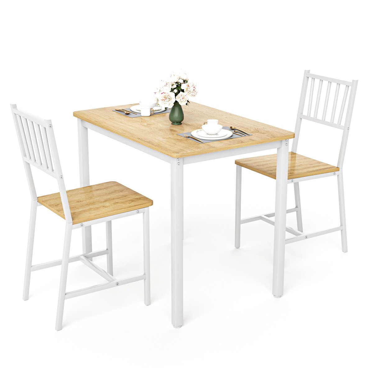 PHOEBE CAT Set tafel en stoelen - Eettafel - 2 stoelen - Houtnerf - Industriële stijl - Naturel + Wit