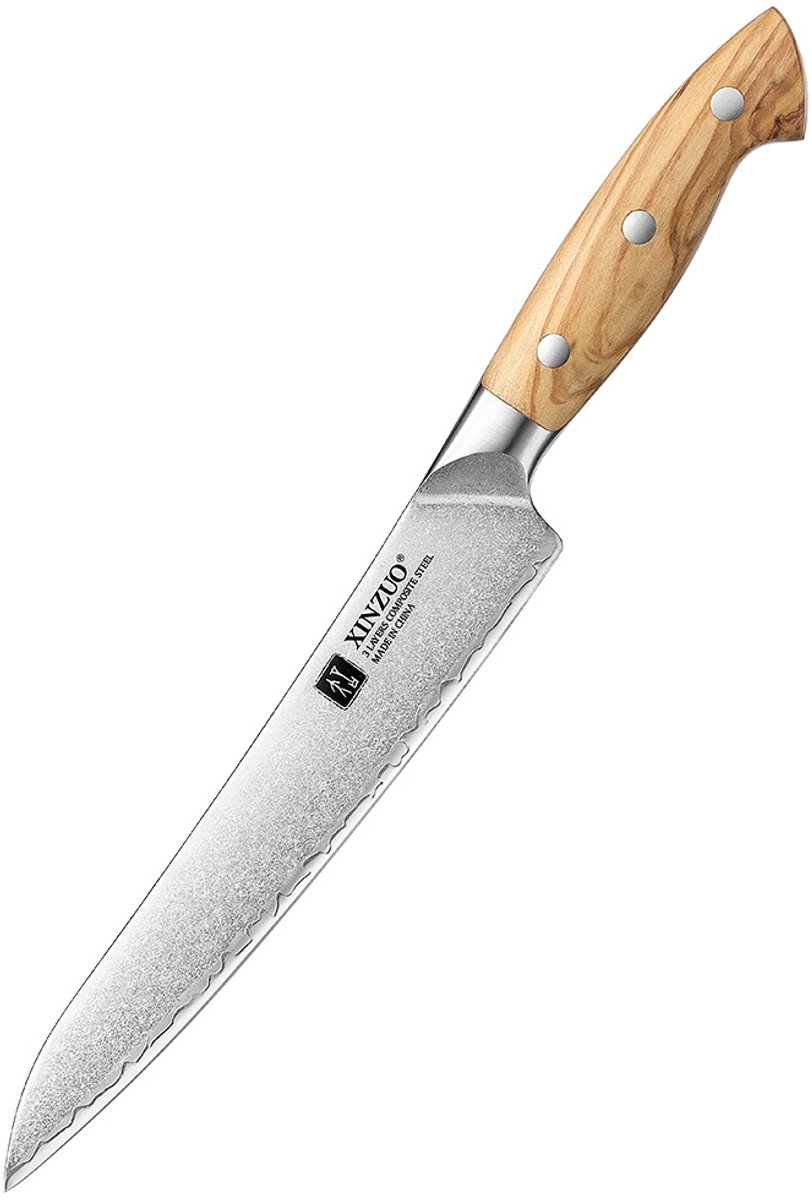 XinZuo X02O Pin Series Vleesmes 21 cm – Professioneel Keukenmes – Olijfhouten Handvat – 3-Laags Composietstaal met Stonewash Afwerking