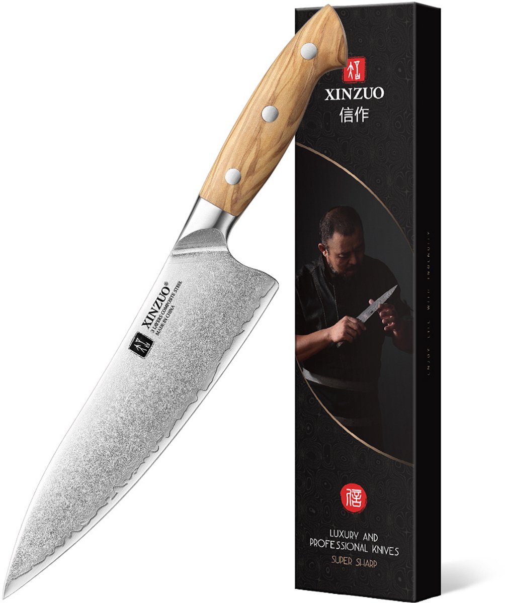 XinZuo X02O Pin Series Koksmes 21 cm – Professioneel Keukenmes – Olijfhouten Handvat – 3-Laags Composietstaal met Stonewash Afwerking
