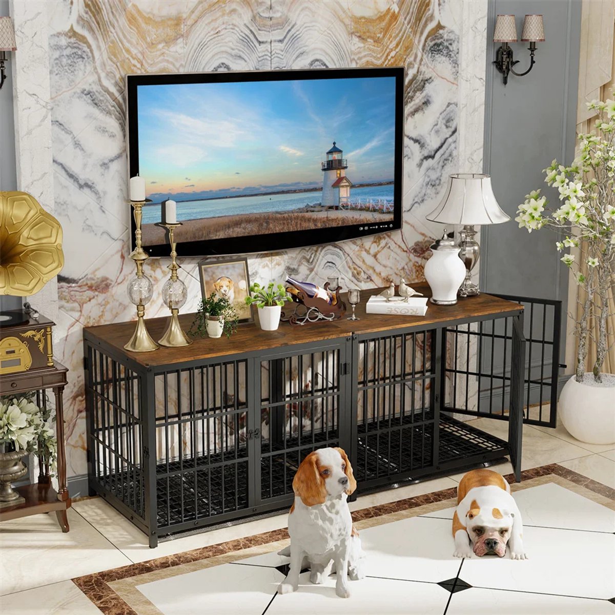 LeeuwenChoice® Grote Houten Honden Bench - Binnenmeubel - Ook Te Gebruiken Als Bijzettafel - Met 3 Deuren - Voor Extra Grote Honden - 108x71x81cm