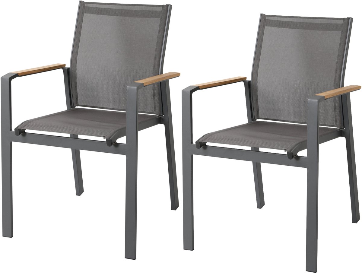 AXI Alva Aluminium Tuinstoelen Antraciet met Teakhouten Armleuning – Set van 2 – Sling Zitting en Rugleuning – Weerbestendig en Onderhoudsvrij – Modern Design voor Tuin en Terras