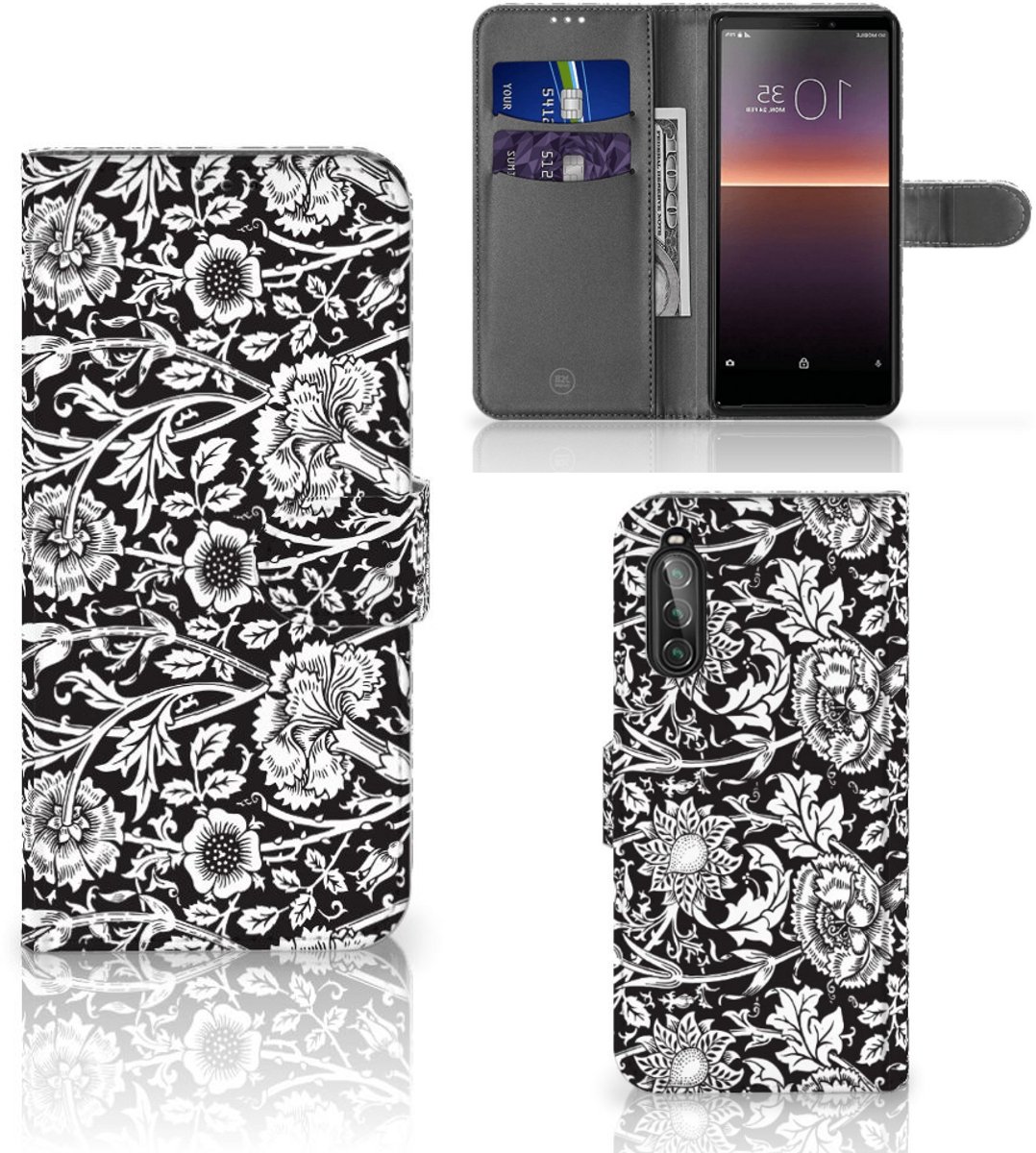 Book Case voor Sony Xperia 10 II Hoesje Black Flowers