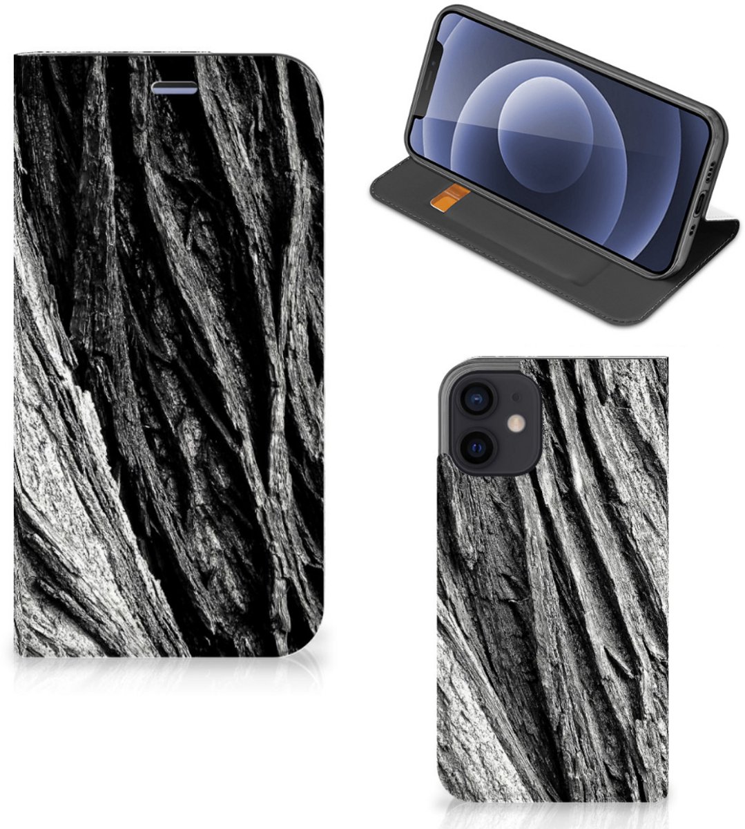 Book Case voor Book Wallet Case iPhone 12 Mini Boomschors Grijs