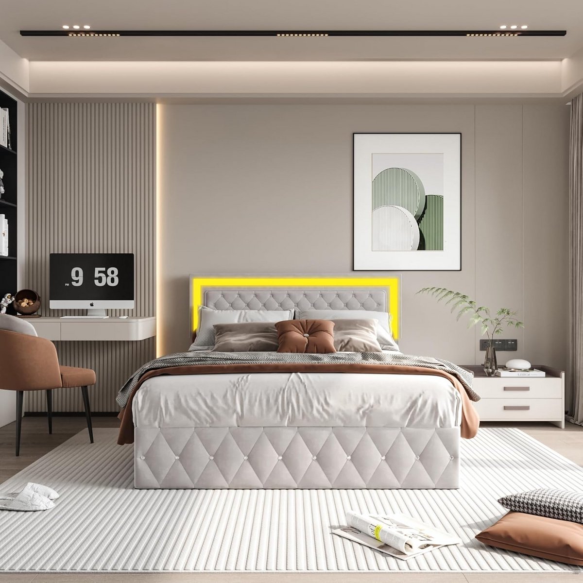 Gestoffeerd tweepersoonsbed 180 x 200 cm met opbergruimte en ledverlichting