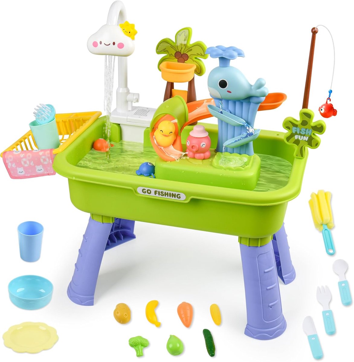 Watertafel Voor Peuters Van 4-13 Jaar, Watertafel Met Pomp, Speelgoedkeukenset Voor Kinderen Van 4-8 Jaar, Speelgootsteen Met Stromend Water En Elektrische Kraan, Inclusief Speelgroenten, Servies En Visspel (groente)