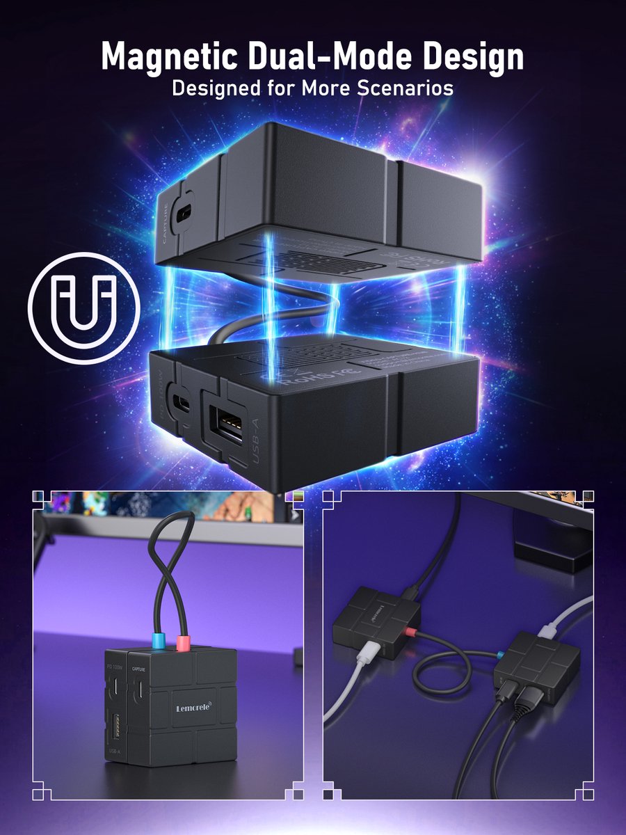 Lemorele AC12 Magnetische Video Capture Card en USB-C Hub - 1080p 60Hz - HDMI Loop-Out - 100W PD thumbnail 8