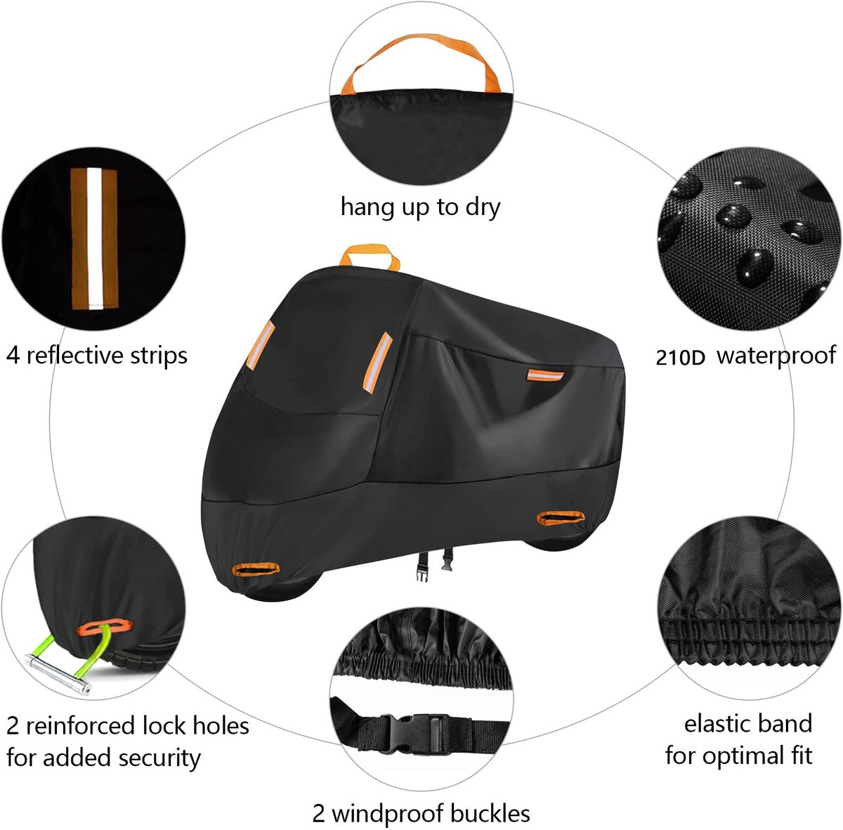 Waterdichte motorhoes - Motorzeil voor buiten - Motorhoes - Geschikt voor binnen & buiten - Universele pasvorm - 210D Oxford-stof - Maat XL (230 x 105 x 125 cm) - Zwart – foto 5