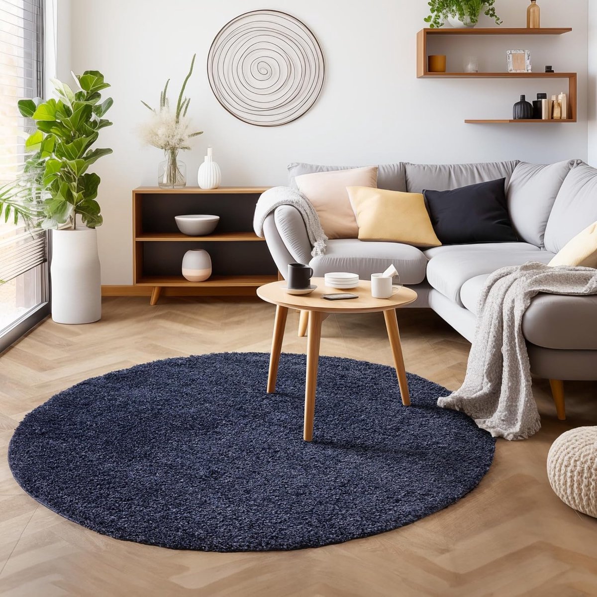 Muratap Basic Shaggy vloerkleed Donker Blauw Hoogpolig- 160 CM Ø