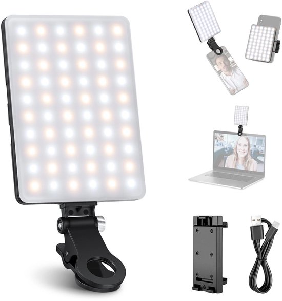 4x5 matrix van 60 witte en warme LED-lampjes met een clipbevestiging. Inclusief close-ups van de lamp op een telefoon en laptop.