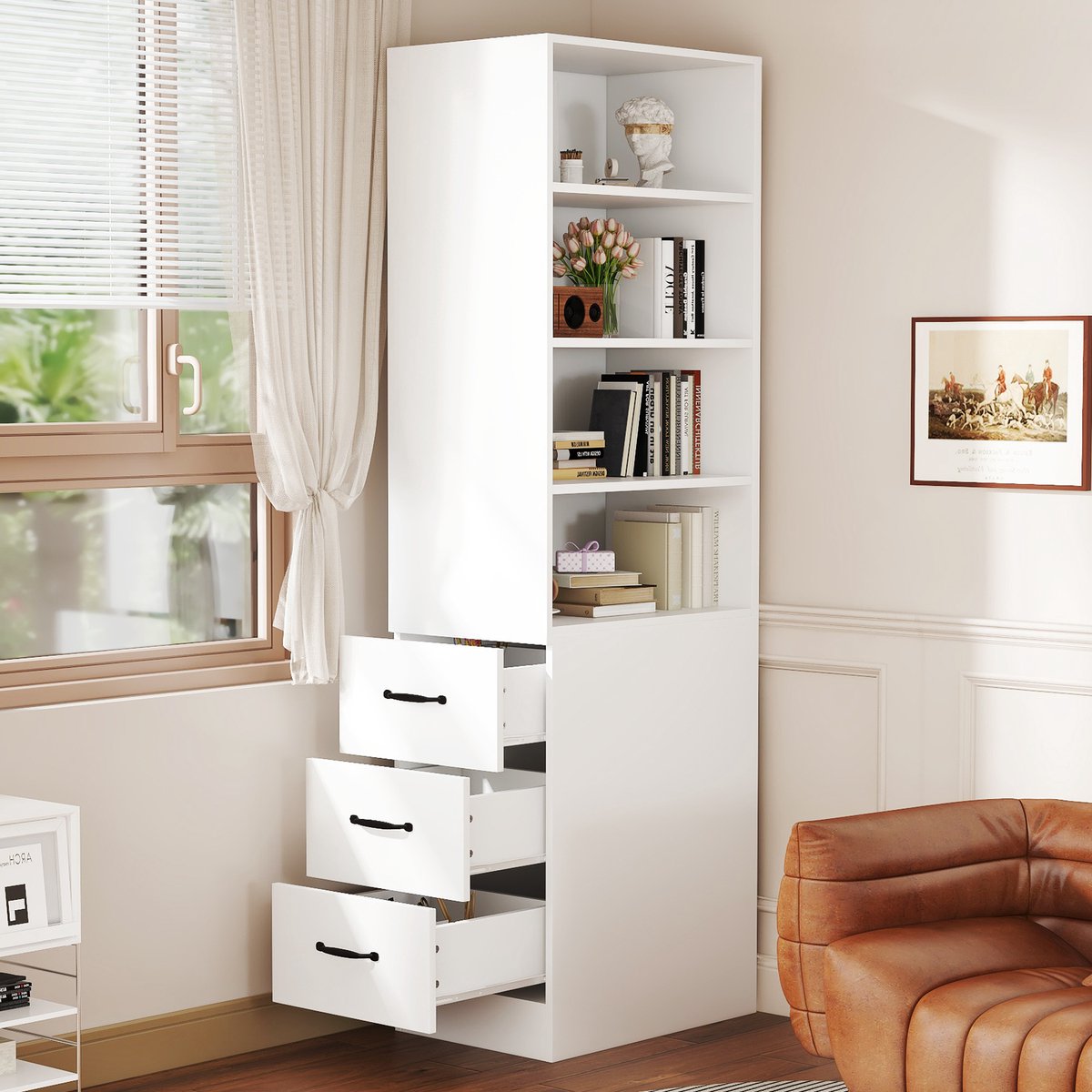 Smalle Boekenkast 180 cm Hoog – Open Boekenkast met 3 Zijdelingse Lades, Verstelbare Planken, Wit, Ruimtebesparend Design
