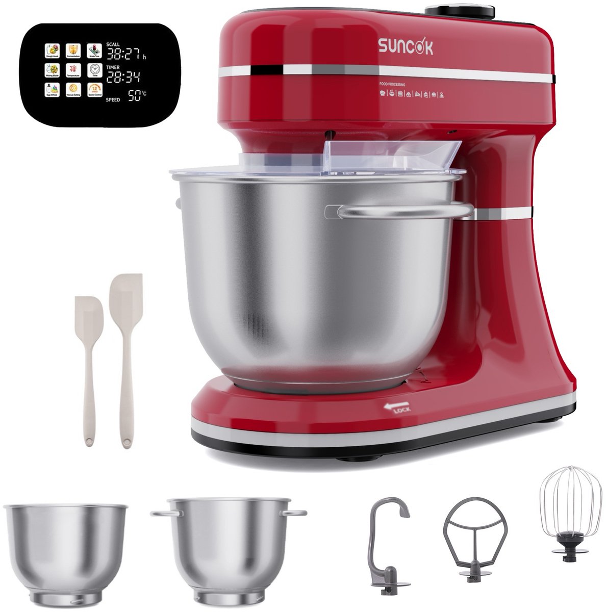 Multifunctionele deegmixer, met twee roestvrijstalen mengkommen: 4,5 l en 5,5 l. Krachtige motor van 1500 W, geluidsniveau 59 dB. Blender, geschikt voor bakken en deeg kneden.
