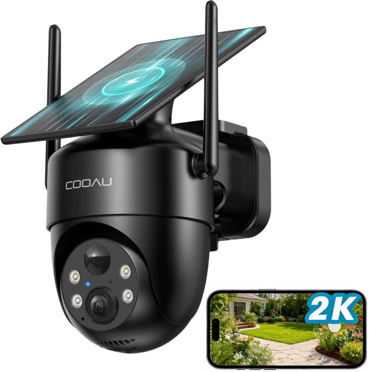 COOAU C5 Beveiligingscamera - Draadloze 2K Beveiligingscamera voor buiten - 360° Gekking - Geïntegreerd zonnepaneel - kleuren-Nachtzicht - Alexa - Zwart