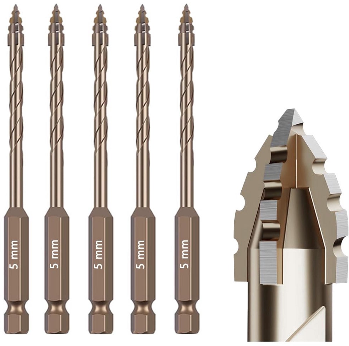 Gekartelde metselboorset (3/16"-5 mm) - Titanium gecoat voor droog boren in beton, tegels, glas, baksteen en metaal