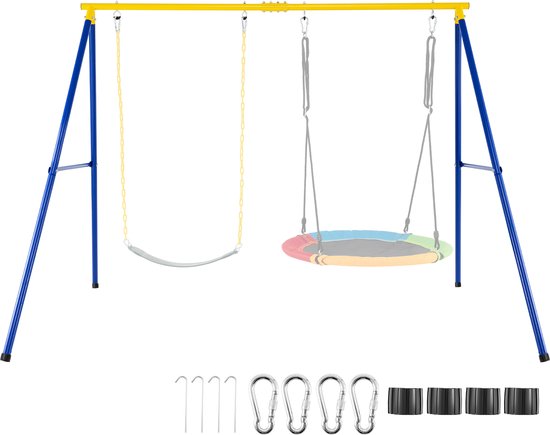Blauw schommelframe met gele dwarsbalk, met een grijze schommel en een veelkleurige nestschommel. Inclusief toebehoren zoals karabijnhaken.