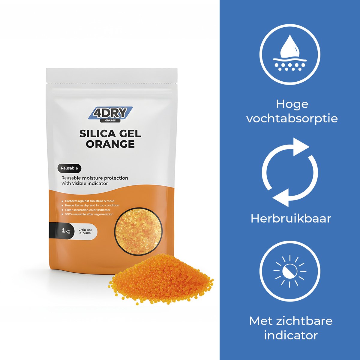 4DRY Orange Silica Gel | 2 kg | Hersluitbare zak | Silica Gel voor filamenten, elektronica, luchtfiltratie etc | Oranje 3 - 5 mm | Met indicator en herbruikbaar – foto 8