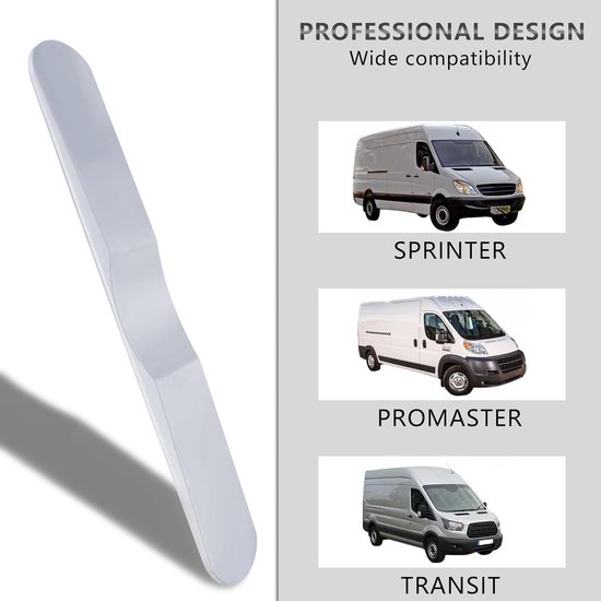Grijze deurstopschijf naast afbeeldingen van compatibele bestelwagens zoals Sprinter, Promaster en Transit.