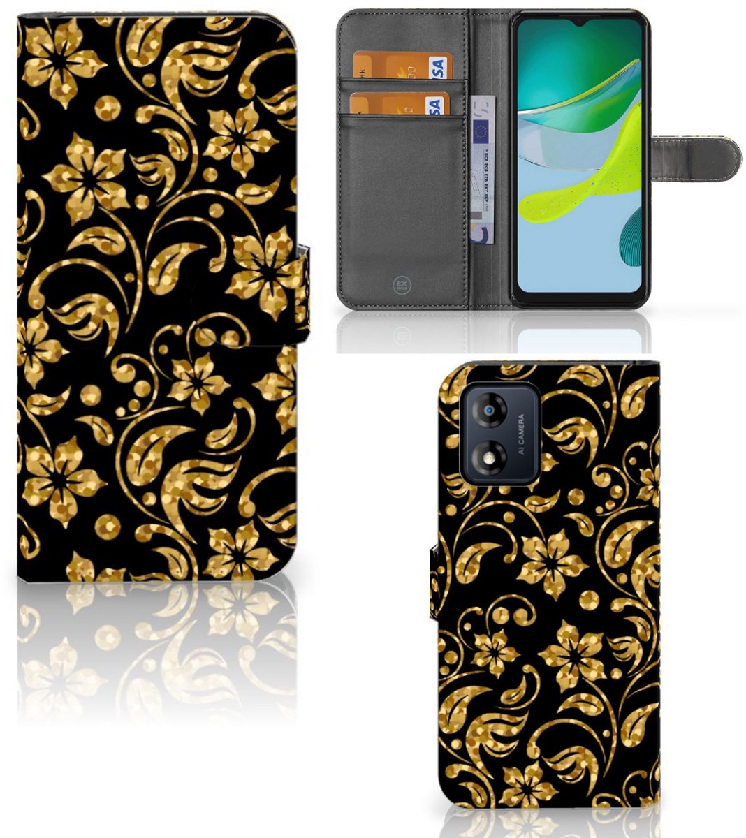 Motorola Moto E13 4G Hoesje Gouden Bloemen