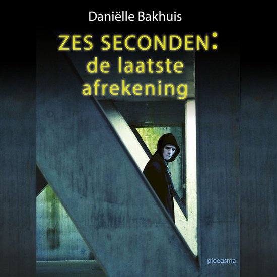Boek kaft met de titel ZES seconden: de laatste afrekening. Een figuur in een zwarte mantel met kap en wit geschminkt gezicht kijkt angstig vanuit een betonnen constructie.