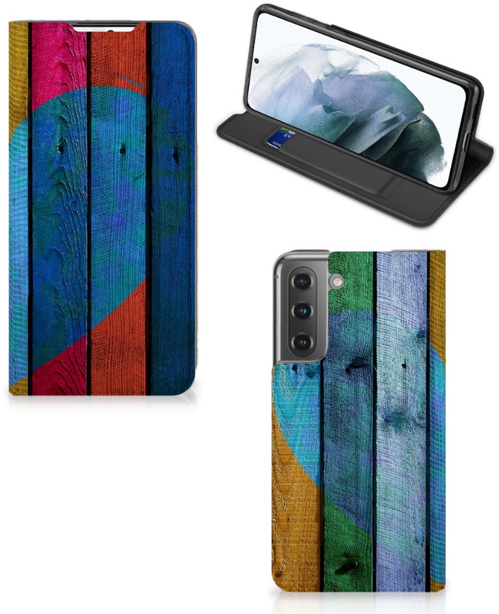 Samsung Galaxy S21 FE Book Wallet Case Wood Heart - Cadeau voor je Vriend