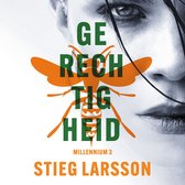 Boekomslag van Gerechtigheid, met een deel van een gezicht, een oranje wesp en de tekst 'Gerechtigheid' en 'Stieg Larsson'.