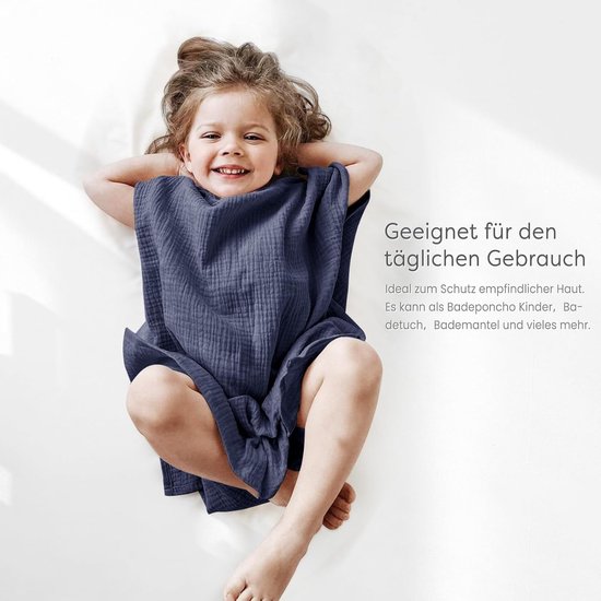 Badponcho voor Kinderen - Capuchonhanddoek van 100% Mousseline Katoen - 60 x 60 cm - Blauw — afbeelding 4