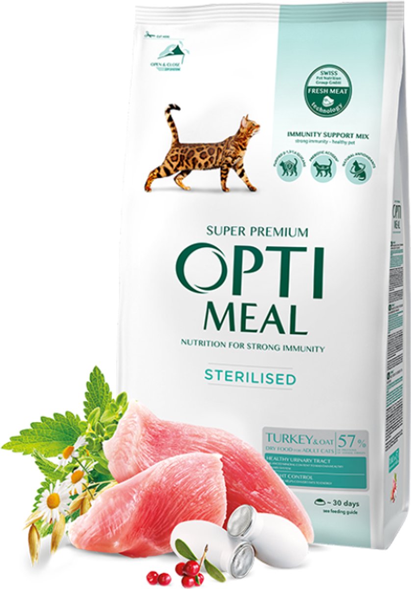 Opti Meal Optimeal Sterilised Kattenvoer met Kalkoen & Haver – Super Premium Droogvoer voor Gesteriliseerde/Gecastreerde Volwassen Katten – Ondersteunt Urinewegen & Gewichtscontrole 0,7g