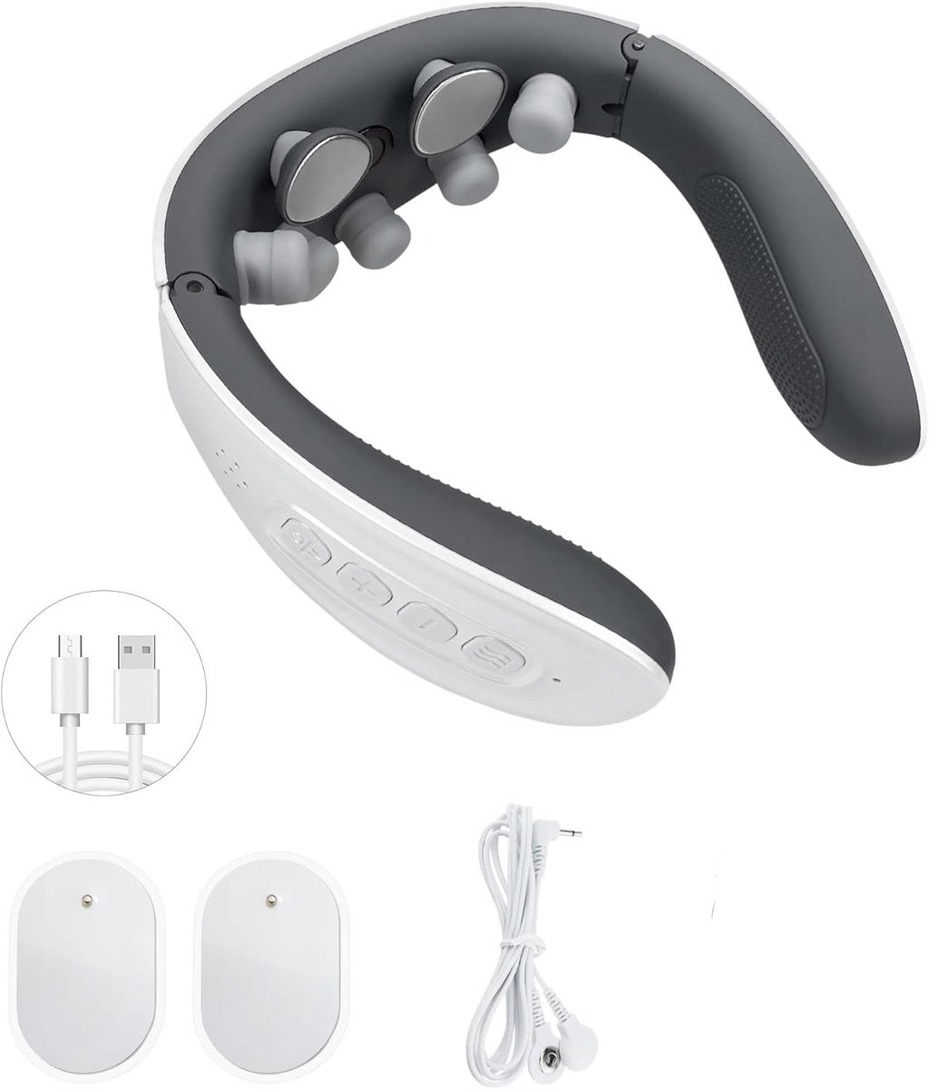 Elektrisch Nekmassageapparaat met Warmte - TENS & EMS - 5 Modi & 15 Niveaus - Draadloos & Ergonomisch - Wit