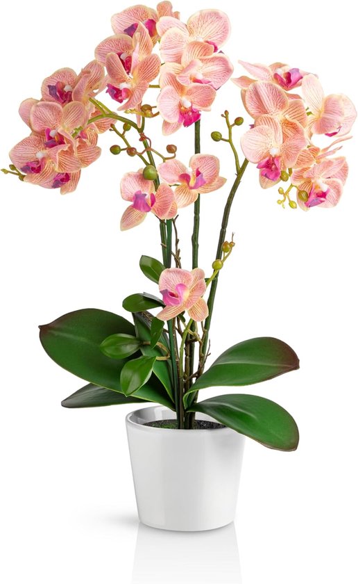 Hoogglans Keramische Pot met Lichtroze Kunstorchideeën - Realistische Kunstbloemen voor Decoratie