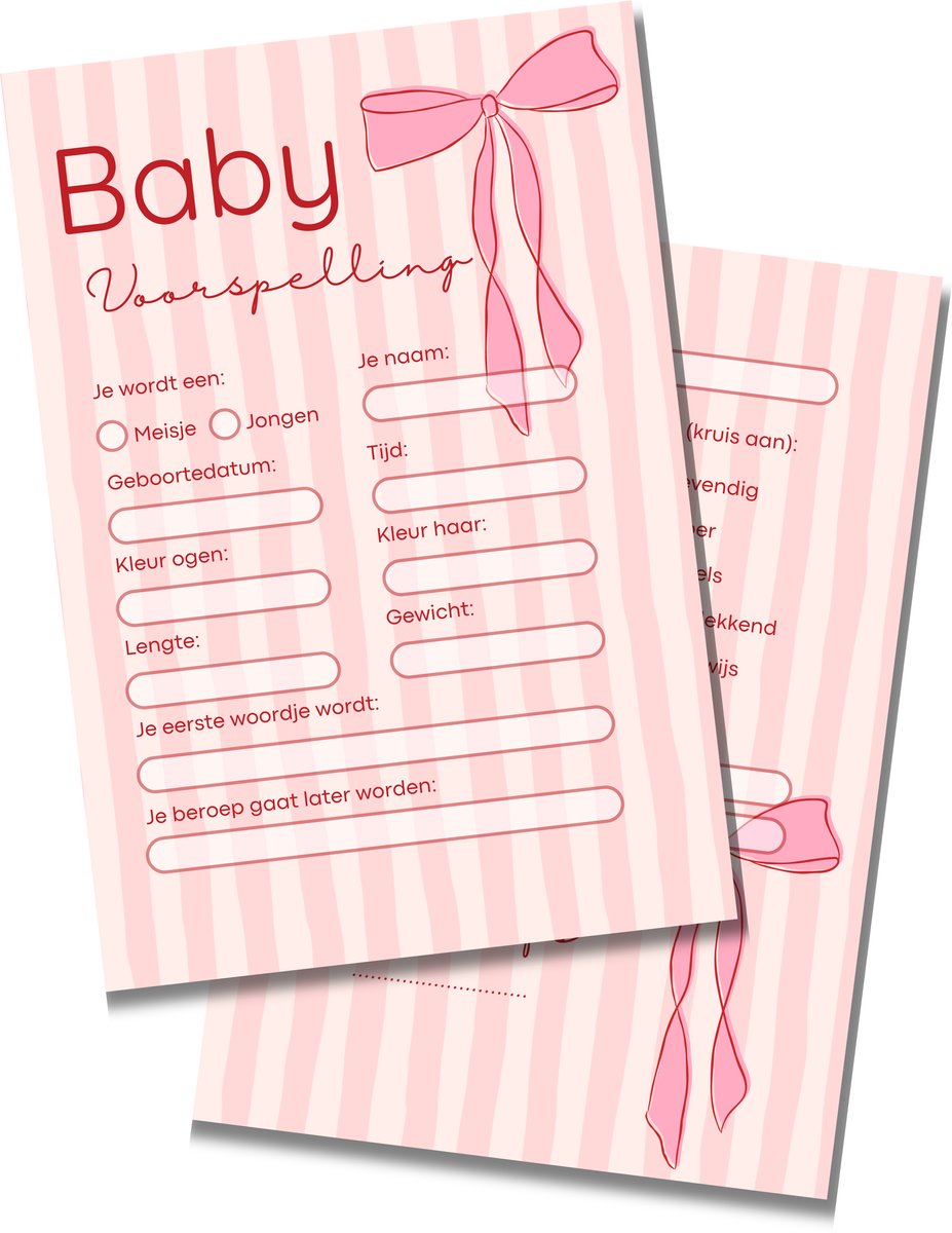 Babyshower Invulkaarten + Linnen Bewaarzakje - Roze Strik - Voorspelling - Babyshower Meisje - 20 stuks - A6 Formaat - Stevig Karton