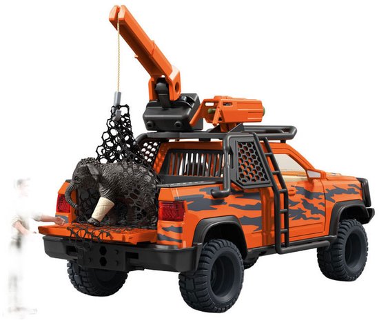 Oranje speelgoed pick-up truck met tijgerstrepen, een kraan en een olifant in de laadbak.