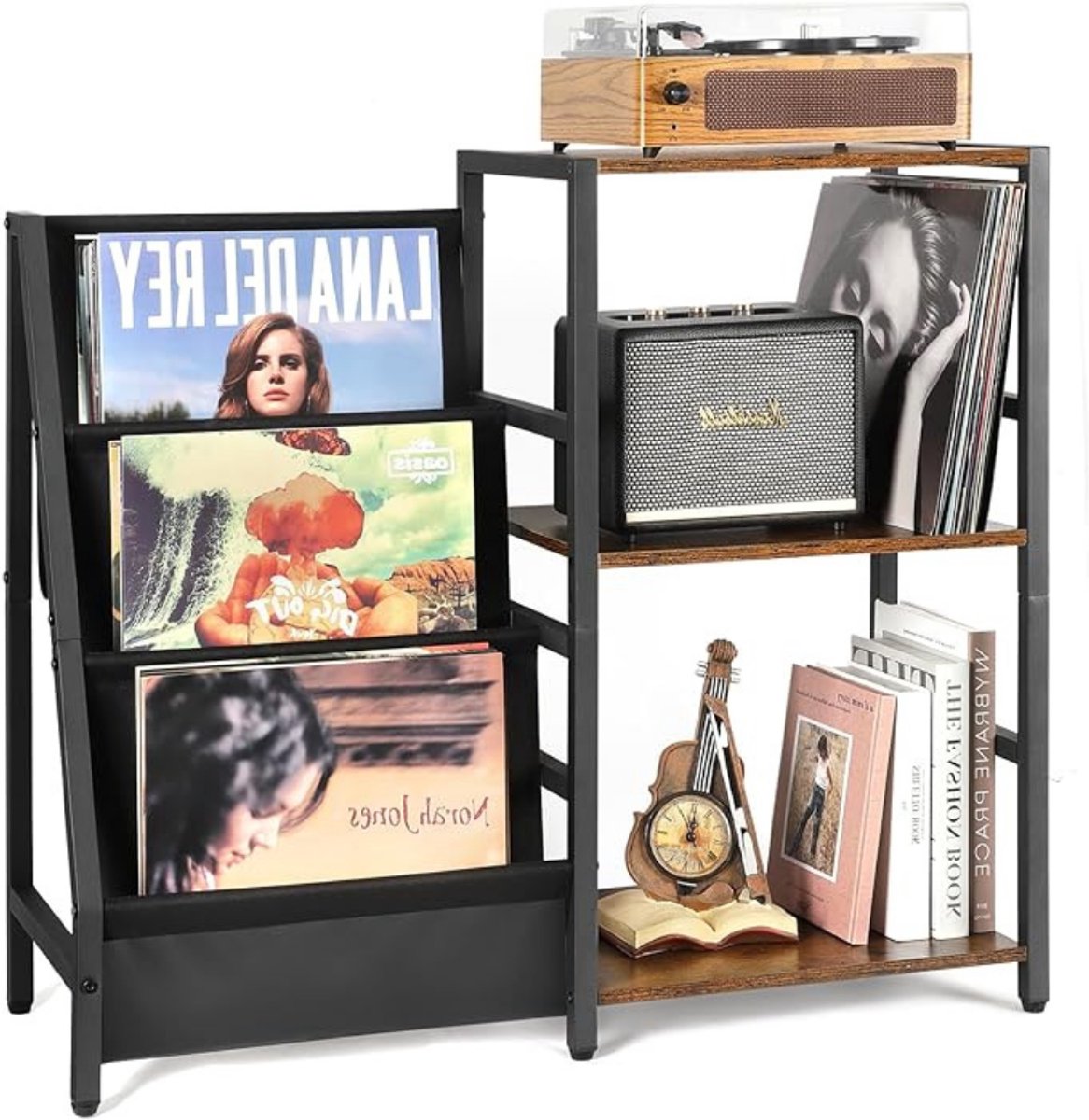 VIN® Platenspeler Meubel – Stand Platenspelerstandaard Met Vinyl Opbergvakken - Rustieke Platenopbergkasthouder - Voor 200 albums - Draaitafelstandaard – Zwarte Bijzettafel
