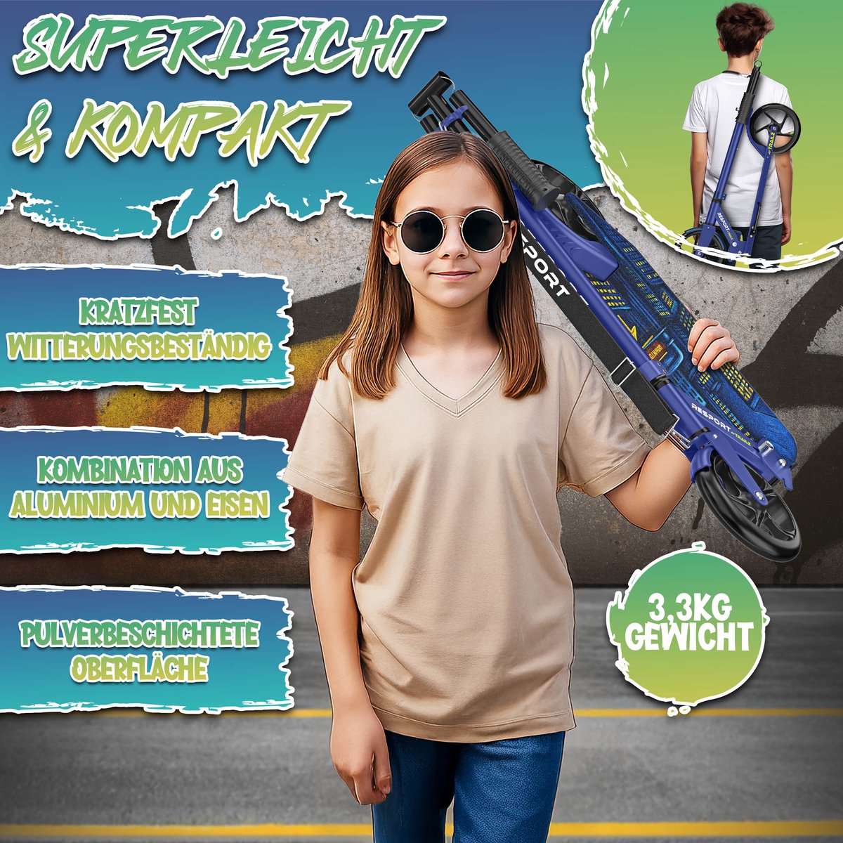 RE:SPORT Citystep voor Kinderen & Volwassenen - Kinderstep - Step met Grote Wielen 200mm - Inklapbaar & Verstelbaar - Tot 100kg - Inclusief Bel & Draagriem - Kickscooter