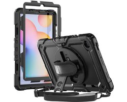 Hoes met ingebouwde Screenprotector Geschikt voor Samsung Galaxy Tab S6 Lite | Inclusief 360° Draaibare Handriem en Schouderriem | Extreme bescherming | Ideaal voor zakelijk gebruik | Zwart