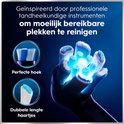 Witte Oral-B iO elektrische tandenborstel met kenmerken: 2-minuten timer, poetsdruksensor, interactief display, duurzame batterij en cleaning coach.