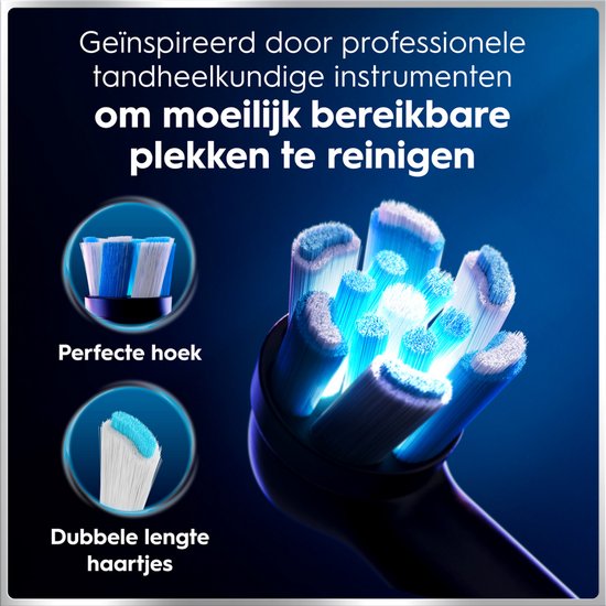 Witte Oral-B iO elektrische tandenborstel met kenmerken: 2-minuten timer, poetsdruksensor, interactief display, duurzame batterij en cleaning coach.