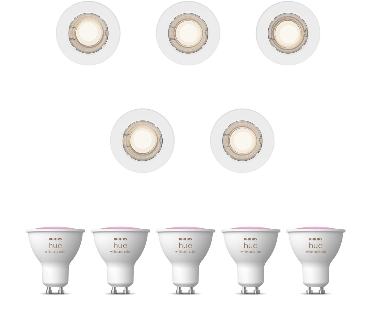 Philips Hue Peridot Set van 5 Inbouwspots (Wit) - Rond - Niet Richtbaar - GU10 - Wit en Ge