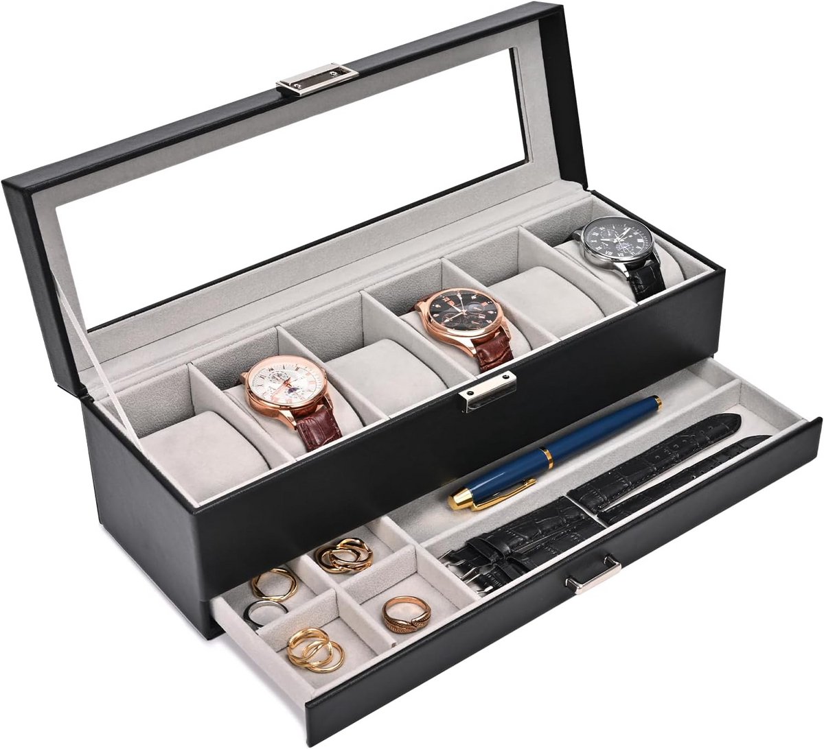 Horlogedoos voor Mannen - 6 Vakken met Lade en Glazen Deksel - Luxe Horloge en Sieraad Organizer