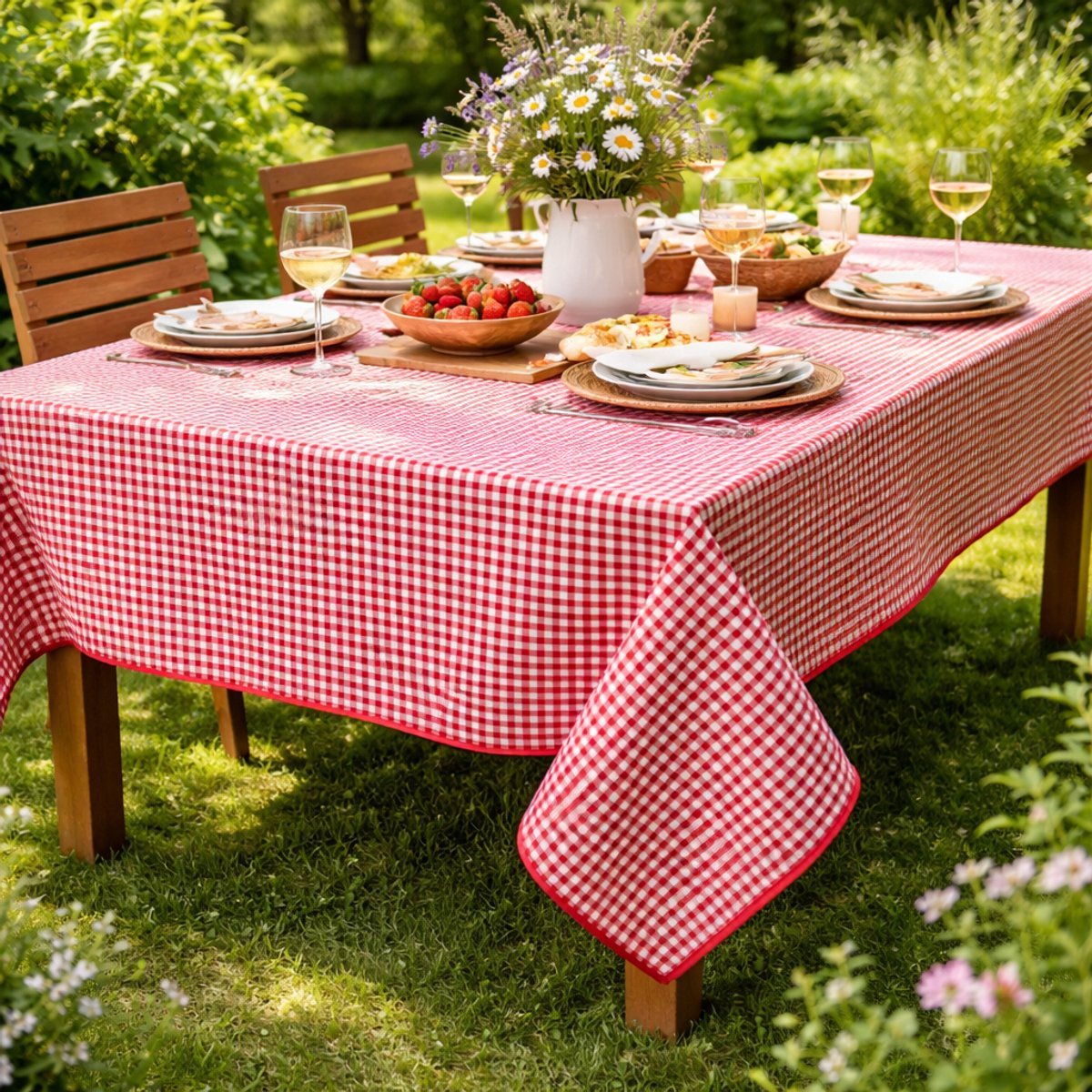 Vierkant Tafelkleed – Rood-Wit Fijn Geruit – 100x100cm - 0,5 cm Ruit – Strijkvrij – Brabants Bont - Met Biesband – Voor Binnen & Buiten