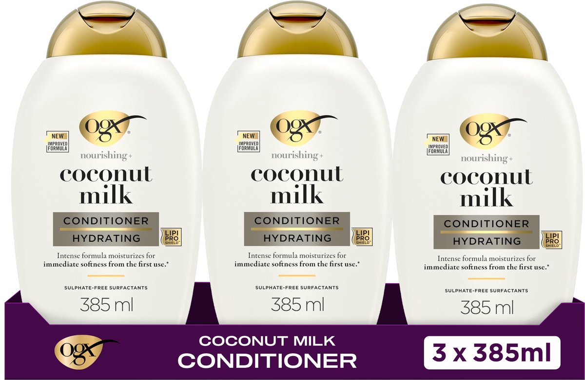 OGX Coconut Milk Conditioner, Hydrateert & Verzacht, Sulfaatvrij, Tropische Kokosgeur, Voor Droog & Dof Haar, 3x385 ml