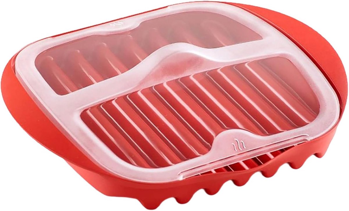 Magnetronbak voor spek met spatdeksel – BPA-vrije spekbereider voor snel en knapperig spek en worstjes, gezonde vetafvoerende grill, gemakkelijk schoon te maken keukengadget (rood)