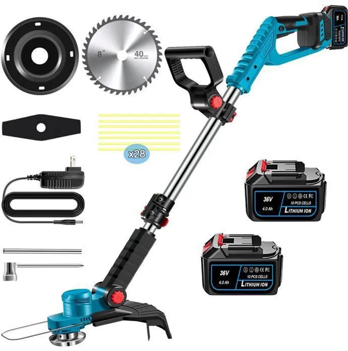 MAGICFOX 36V Grastrimmer- Draadloze-Borstelloze-Elektrische bosmaaier-2 x 4,0 Ah Accu's-3 Soorten messen-een Maaikop.