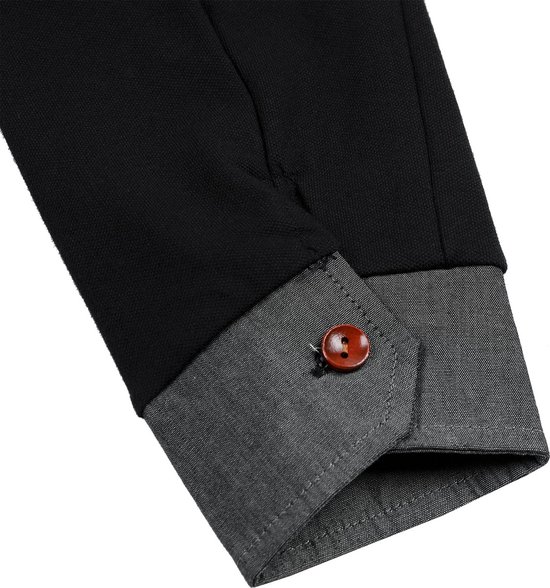 Zwarte lange mouwen van het poloshirt met grijze manchetten en een bruine knoop.