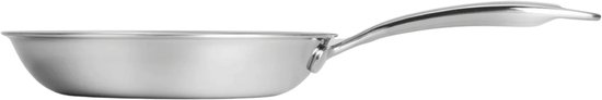 Zilverkleurige koekenpan met gebogen handvat, bekeken vanaf de zijkant.