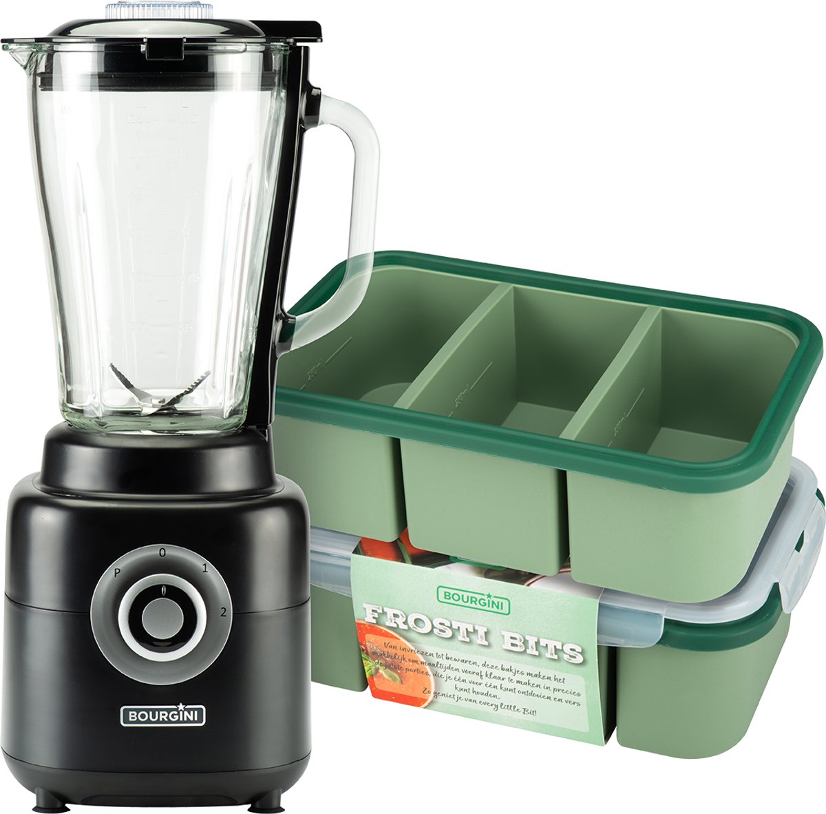 Bourgini Power Blender en Frosti Bits – Smoothie Prep set – 2 Siliconen Meal Prep Bakjes en Power Blender 1.75L – Blender to go - 1000 Watt