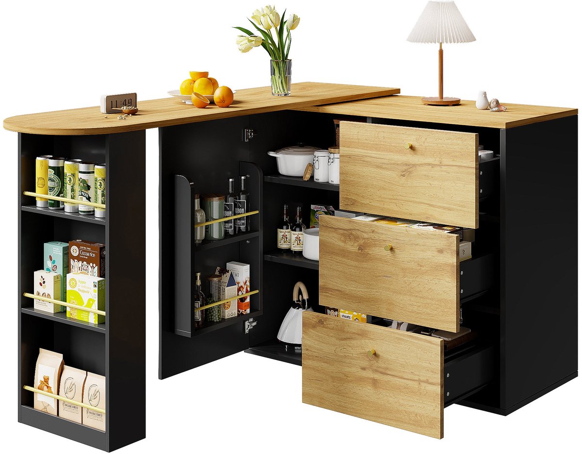 Merax Uitschuifbare & Draaibare Bartafel met Opbergruimte - 360° Keukenbar/Keukeneiland - Barmeubel met 3 Lades - Zijrek & Vakken - Zwart met Houtlook - 138-204x39x104 cm